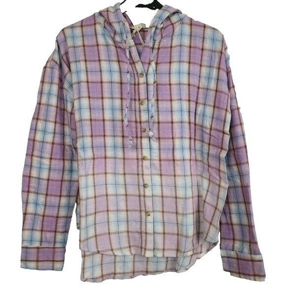 Hem and Thread Womens Hooded Shirt Large Purple Plaid Deep Dye Button Up BOHO - Picture 1 of 8